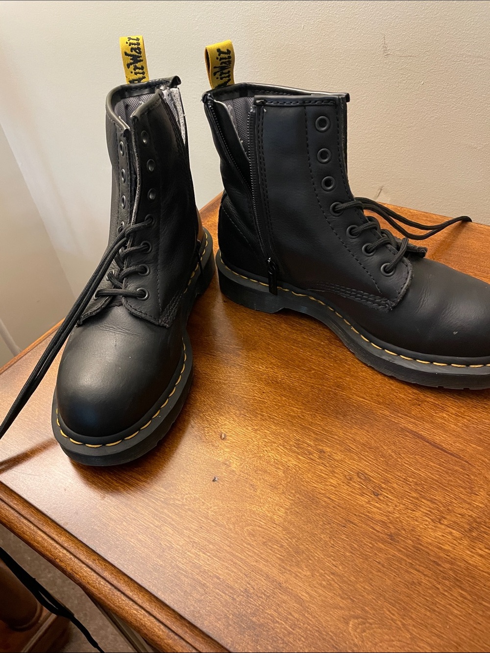 Dr. Martens Women’s Black Leather Zip Combat Boots with composite toe!